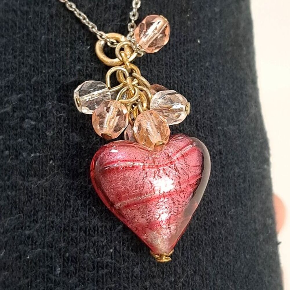 Pink Heart Necklace Murano Glass Pendant stripes Y2K Puffy large charms adjust